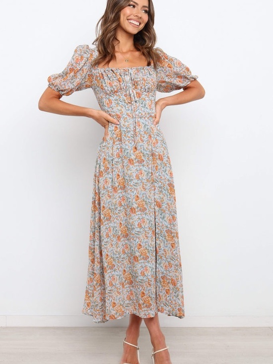 Petal & Pup Dresses & Skirts - Petal and Pup Gelasius Dress - Floral Puff-Sleeve Maxi Dress in Orange and Blue